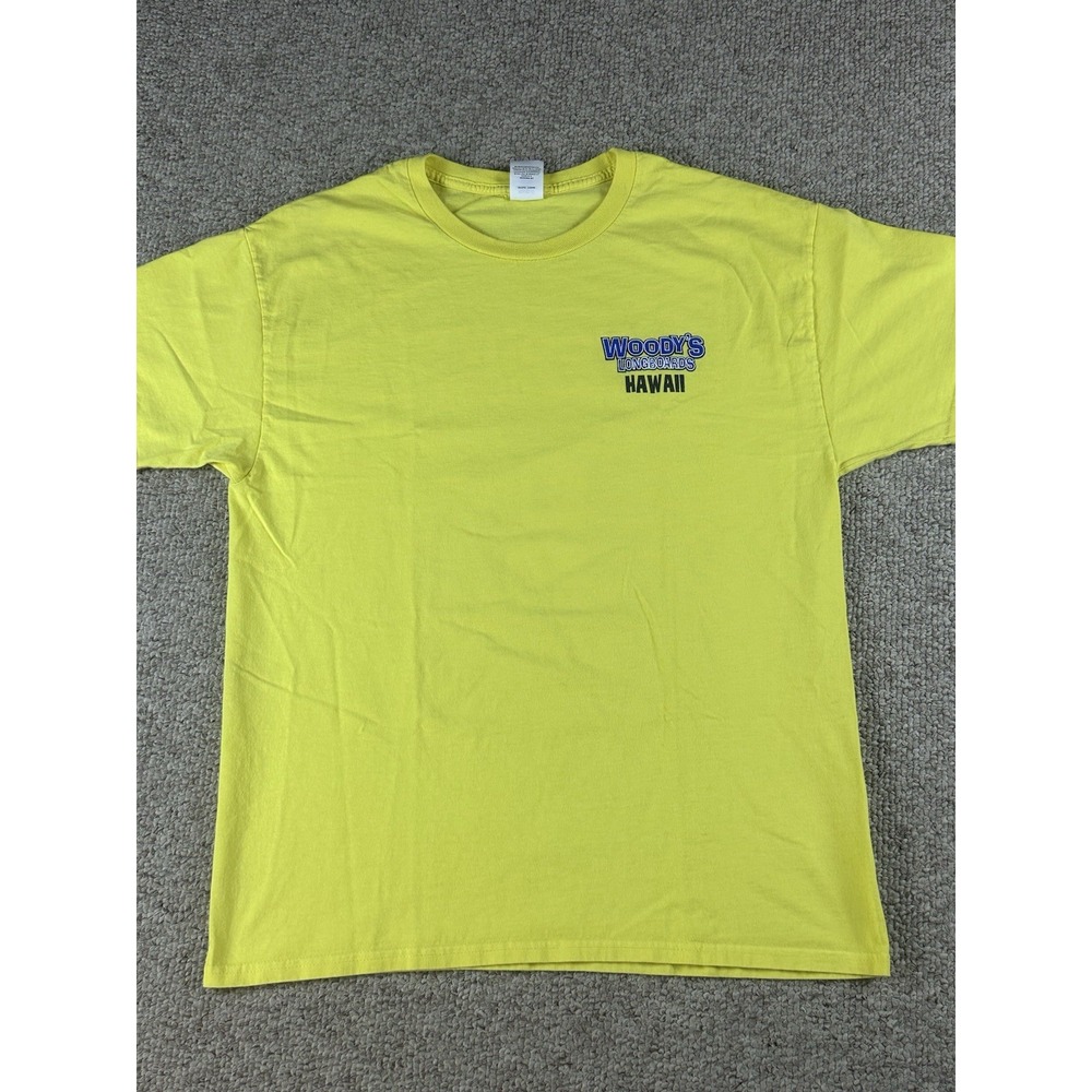 Vintage Y2K Woody's Longboards Hawaii Men's Tshirt Size Large Yellow Hula Girl